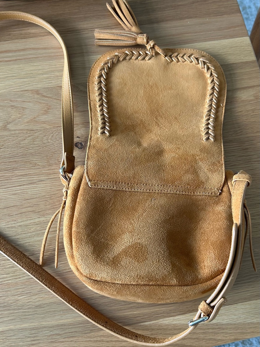 Mustard Suede Crossbody Saddle Bag with Braided Detail - Picture 6 of 6
